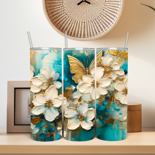 Floral Dogwood Blue & Gold Tumbler