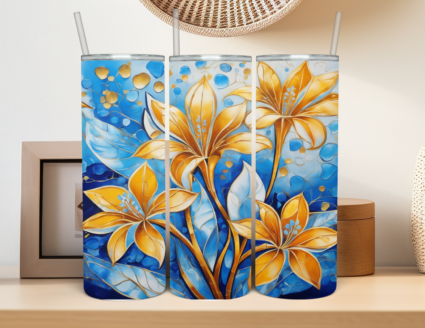 Floral Gold & Blue Tumbler