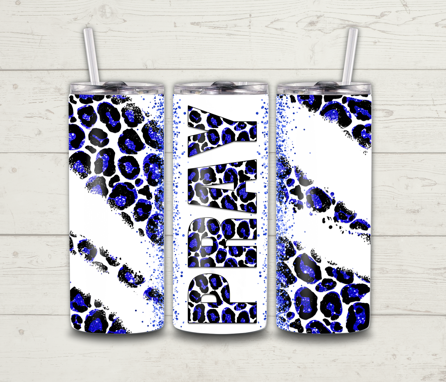 Pray Tumbler - Blue & Black Leopard Glitter