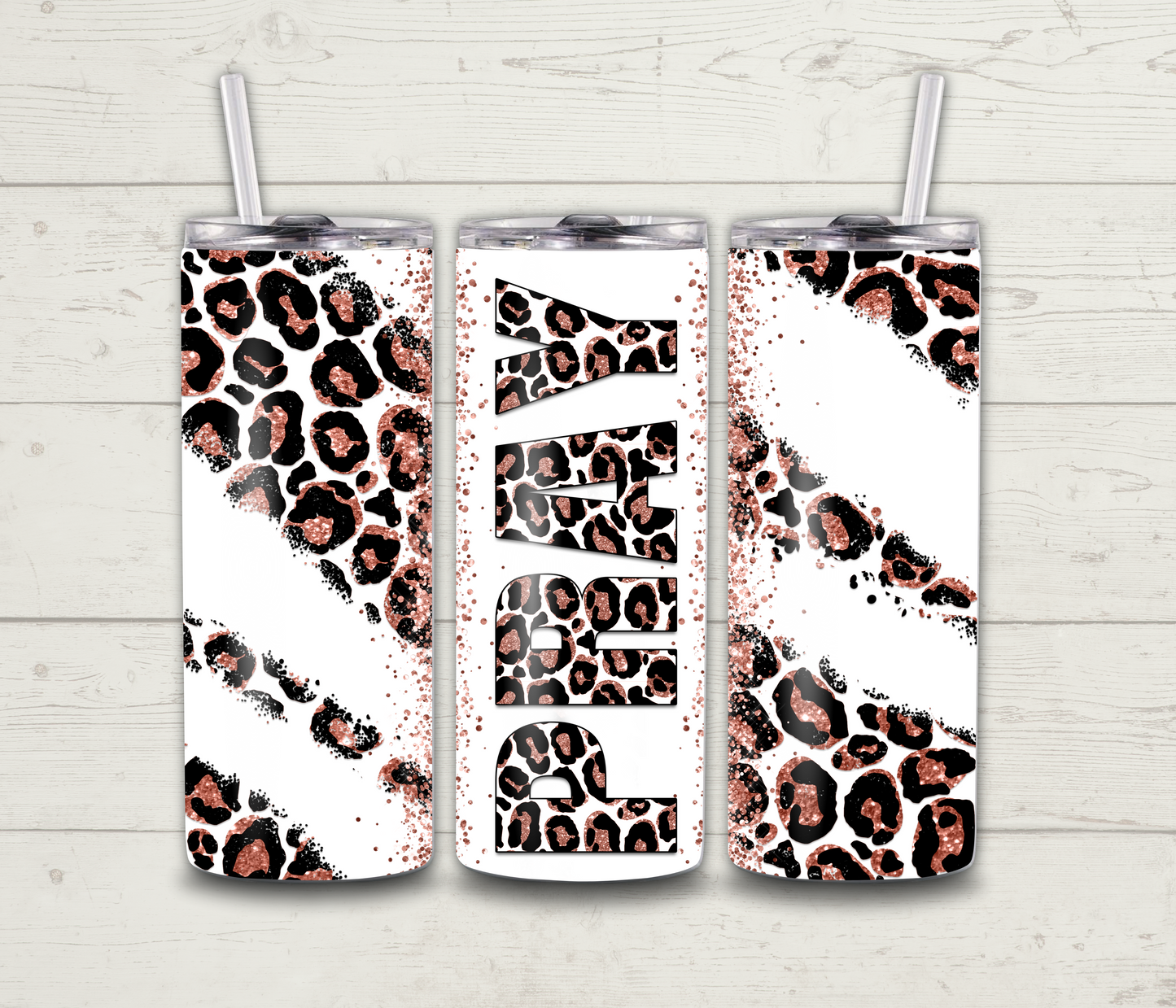 Pray Tumbler - Brown & Black Leopard Glitter