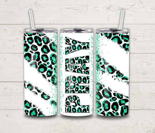 Pray Tumbler - Green & Black Leopard Glitter