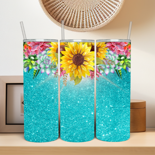 Glittered Sunflowers & Succulents Tumbler