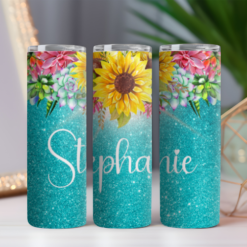 Glittered Sunflowers & Succulents Tumbler